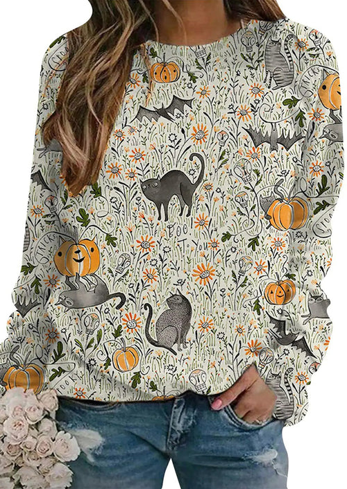 Halloween Long Sleeves With Pumpkin, Bat And Grass Print