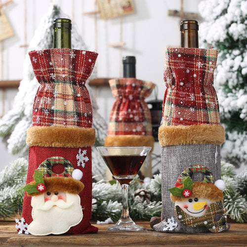 Christmas Cartoon Checkered Linen Drawstring Bottle Cover