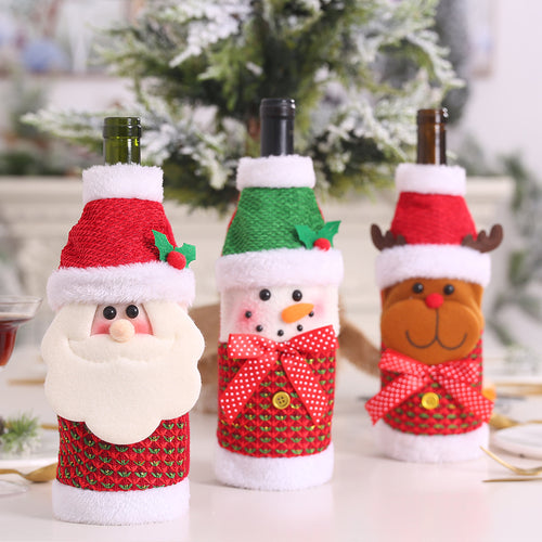 Christmas Santa Claus Reindeer Snowman Plush Edge Wine Bottle Cover