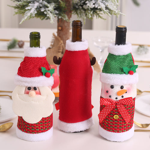 Christmas Santa Claus Reindeer Snowman Plush Edge Wine Bottle Cover