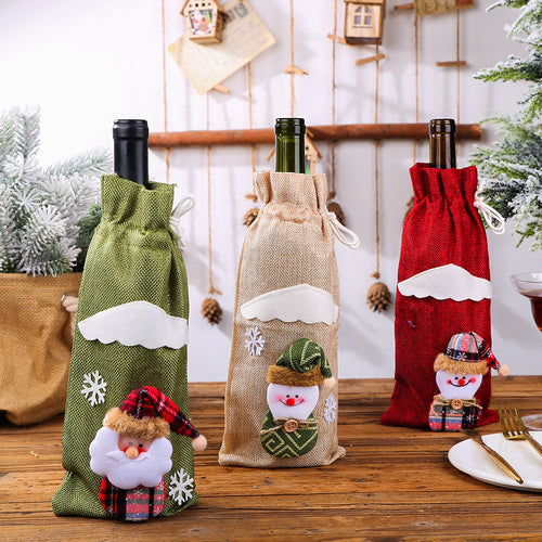 Santa Claus Reindeer & Snowman Wine & Champagne Bottle Cover Set