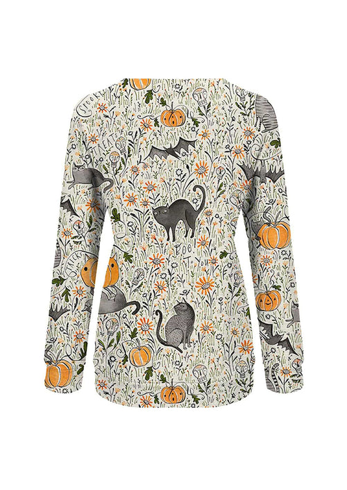 Halloween Long Sleeves With Pumpkin, Bat And Grass Print