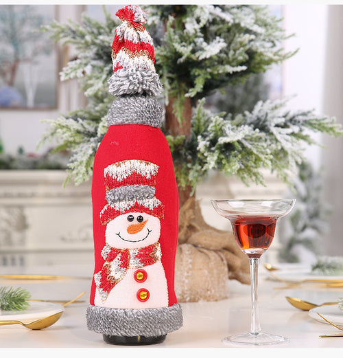 Christmas Grey Velvet Cartoon Pattern Wine Bottle Cover