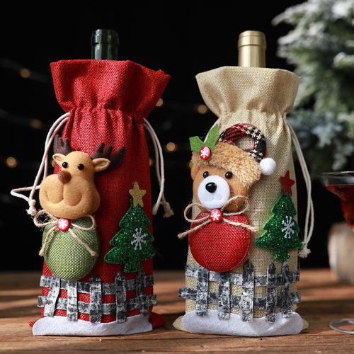 Christmas Reindeer & Snowman Linen Drawstring Wine Bottle Cover