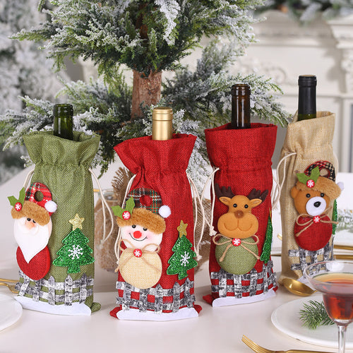 Christmas Reindeer & Snowman Linen Drawstring Wine Bottle Cover