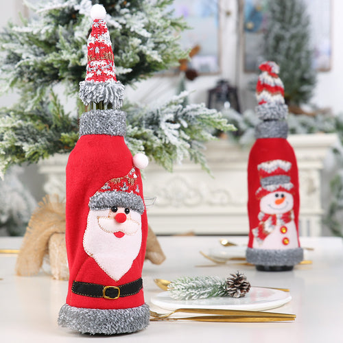 Christmas Grey Velvet Cartoon Pattern Wine Bottle Cover