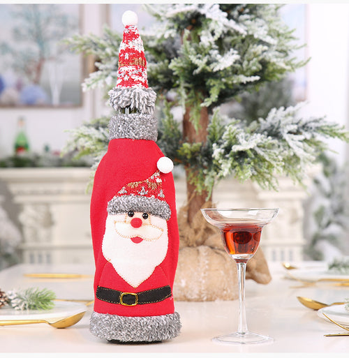 Christmas Grey Velvet Cartoon Pattern Wine Bottle Cover