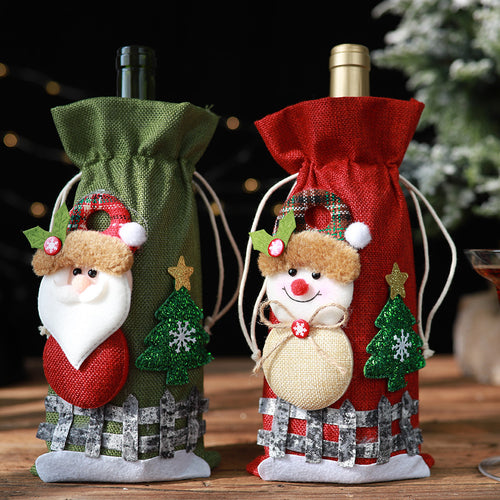 Christmas Reindeer & Snowman Linen Drawstring Wine Bottle Cover