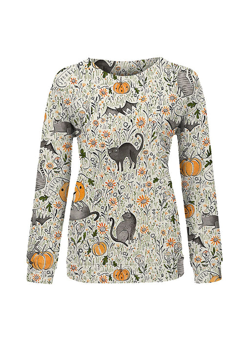 Halloween Long Sleeves With Pumpkin, Bat And Grass Print