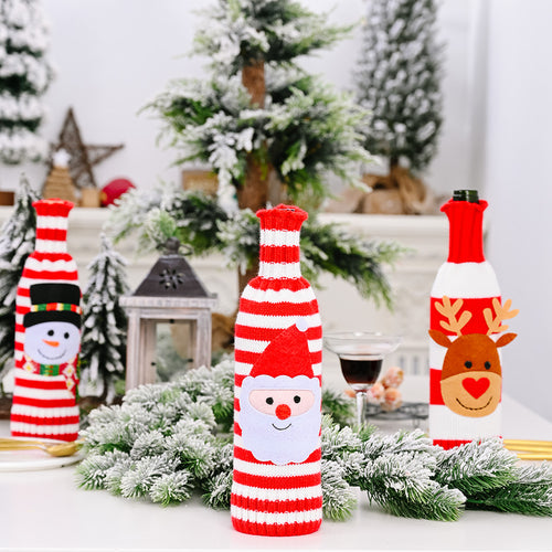 Christmas Cartoon Striped Knitted Wine Bottle Cover