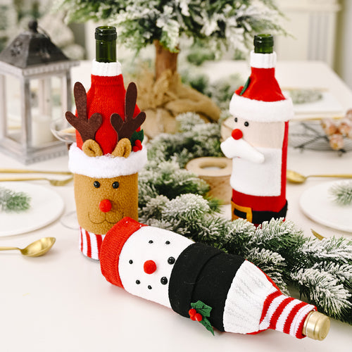 Christmas Knitted Fabric Reindeer & Snowman Wine Bottle Cover