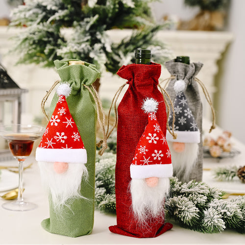 Christmas Long Beard Forest Elf Linen Wine Bottle Cover