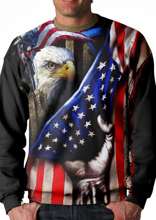 Eagle Crew Neck Star Flag Print Long Sleeves