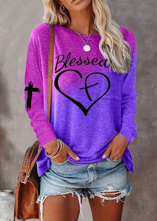 Simple Drawing Heart Shape And Blessing Printed Women's Long Sleeves