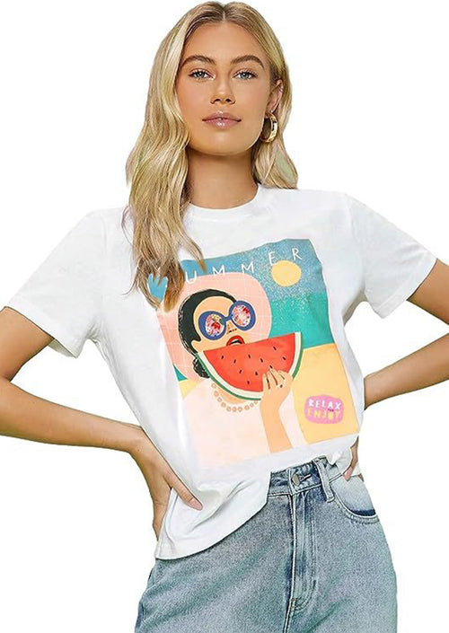 Summer Eating Watermelon Printed White T-Shirt