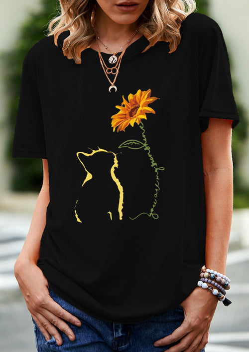 Cats and Sunflowers Printed T-shirt