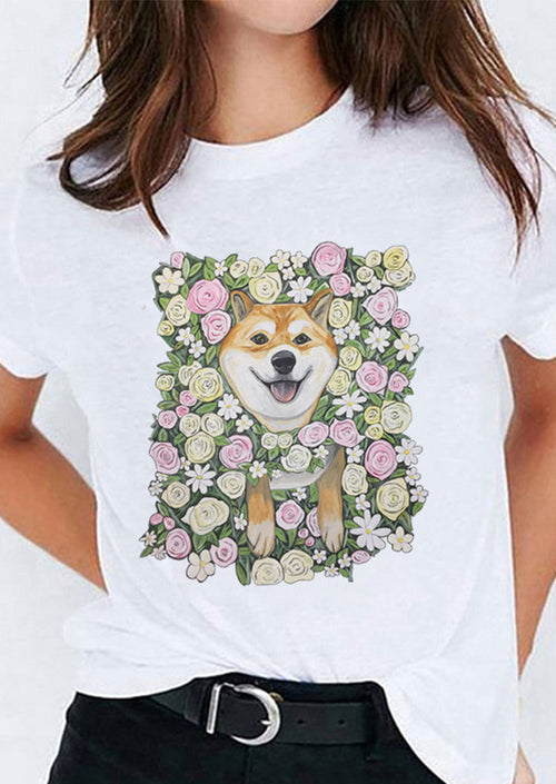 Shiba Inu In the Flowers Printed White T-Shirt