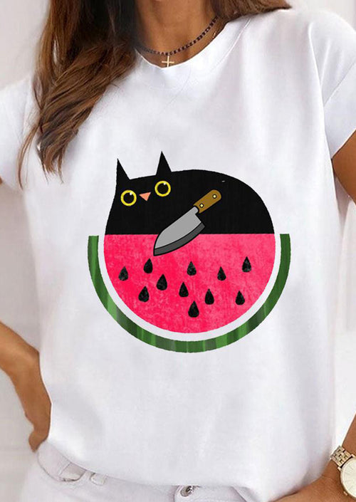 Cute Black Cats Printed White T-shirt