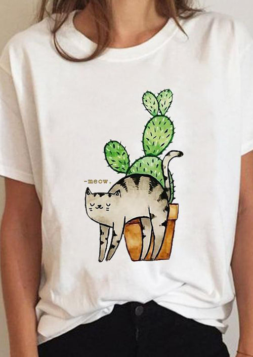 Cute Cats Printed White T-Shirt