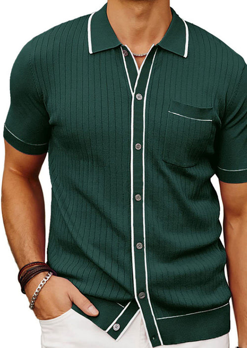 Men's Knit Short Sleeve Polo Shirt Casual Lapel Button Cardigan