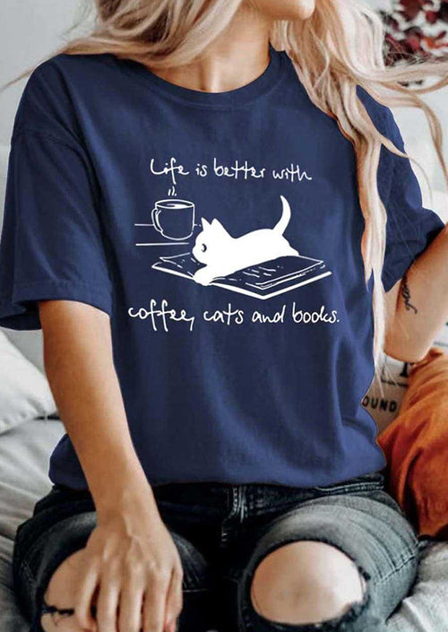 Life is Better with Coffee Cats & Books Printed T-shirt