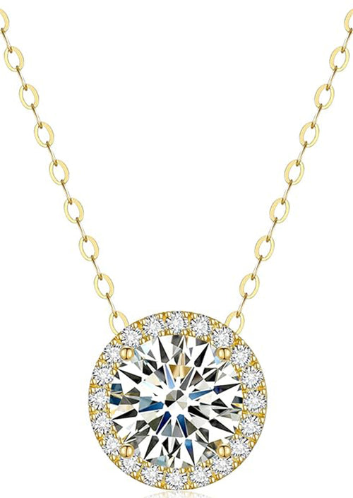 Moissanite Necklace Halo Diamond Pendant for Women White/Yellow Gold Plated Sterling Silver Necklace