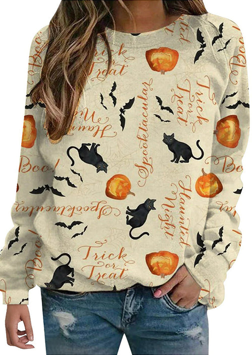 Halloween Long Sleeves Printed With Black Cats, Pumpkins And Bats