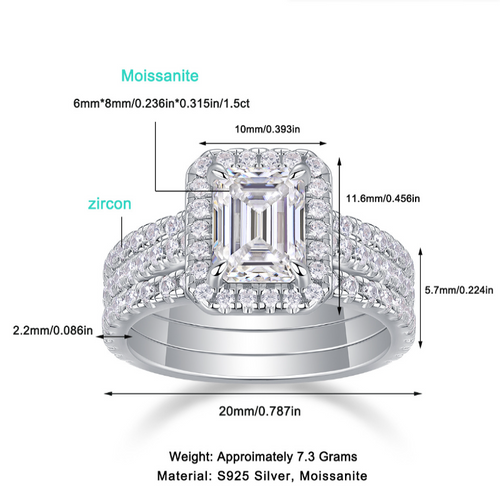 18K White Gold Triple-Stack 2 Carat Square Diamond Engagement Ring Set for Women