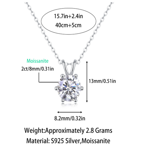 18K White Gold Six-Prong 2 Carat Round Diamond Pendant Necklace for Women