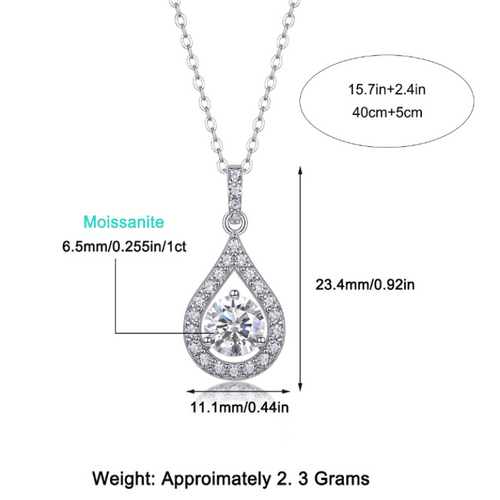 18K White Gold Shimmering Teardrop-Shaped 1 Carat Round Diamond Pendant Necklace