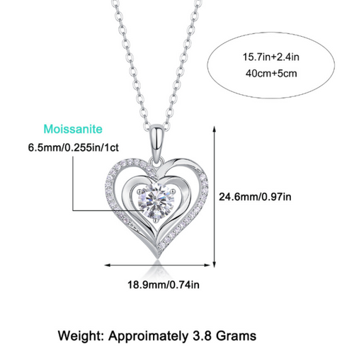 18K White Gold Double-Ring Heart Pendant Necklace with 1 Carat Round Diamond