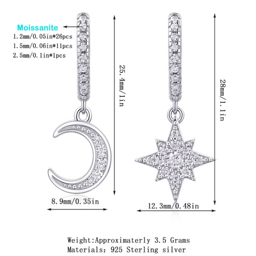 18K White Gold Crescent Moon and Star Pendant Earrings with Diamond Accents