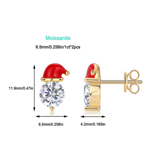 18K Gold Plated Santa Hat 1 Carat Moissanite Stud Earrings