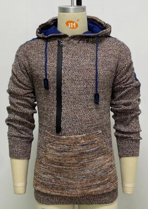 An Informal, Hooded, Long-Sleeved Knitted Pullover Sweater