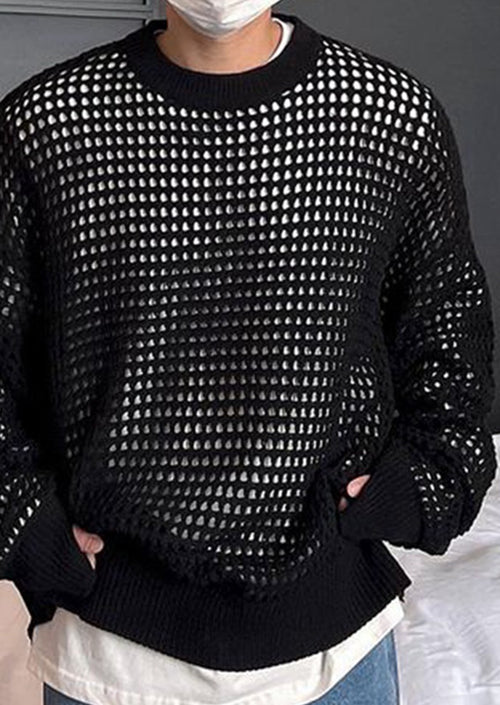 Stylish Men's Long-Sleeve Knitted Sweater, Fashionable Mesh Hollow Design