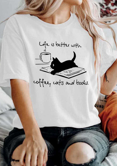 Life is Better with Coffee Cats & Books Printed T-shirt