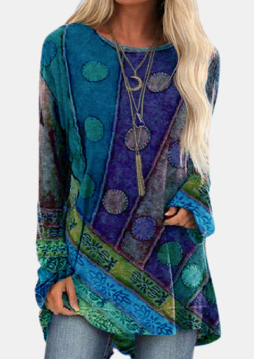 Retro Ethnic Style Printed Loose Long Sleeve Round Neck T-Shirt