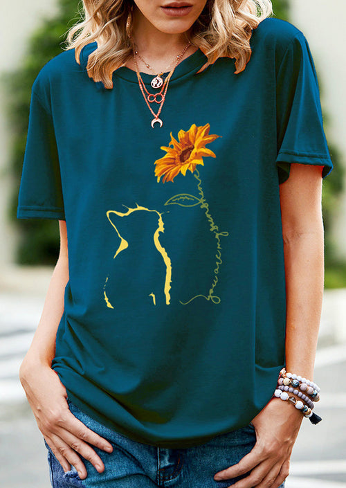 Cats and Sunflowers Printed T-shirt