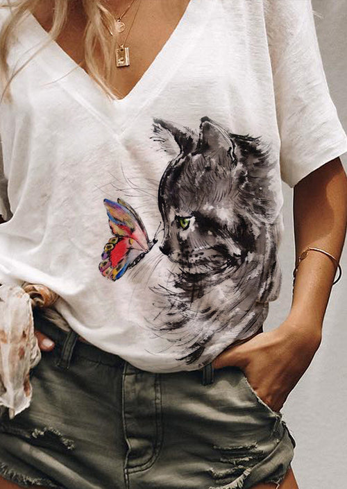 Cats & Butterfly Printed White T-shirt