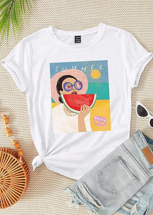 Summer Eating Watermelon Printed White T-Shirt