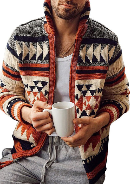 Geometric Patterned Sweater Cardigan with Lapel for Men