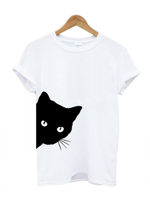 Cartoon Cat Face Letter Print Tee Shirt