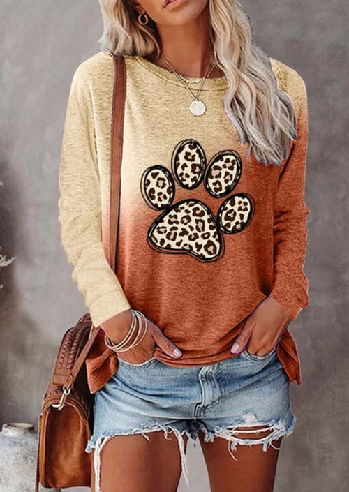 Women Cute Leopard Print Crewneck Long Sleeve Pullover Tops