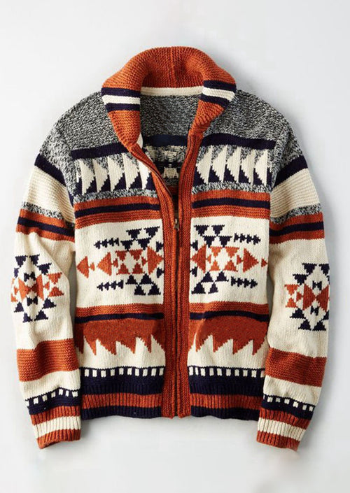 Geometric Patterned Sweater Cardigan with Lapel for Men