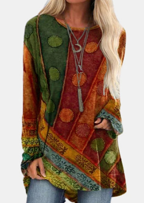 Retro Ethnic Style Printed Loose Long Sleeve Round Neck T-Shirt