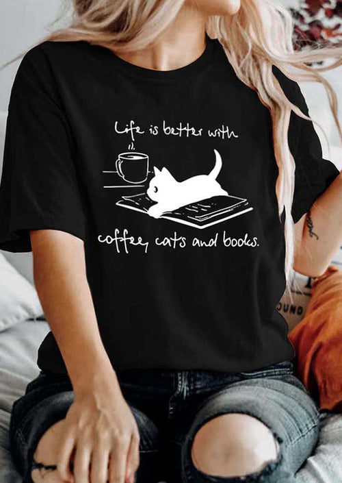 Life is Better with Coffee Cats & Books Printed T-shirt