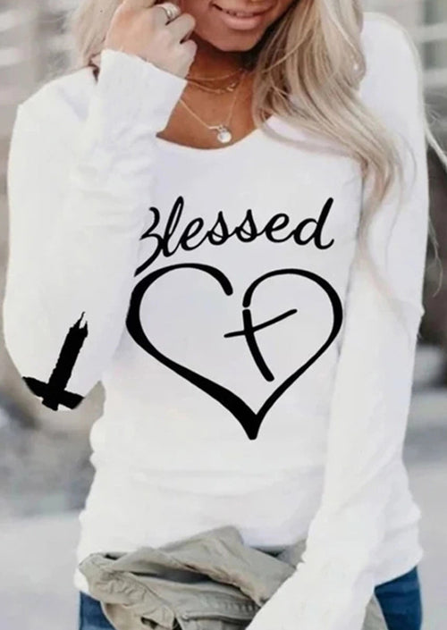 Simple Drawing Heart Shape And Blessing Printed Women's Long Sleeves