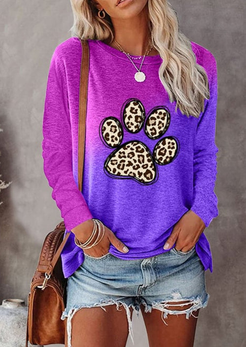 Women Cute Leopard Print Crewneck Long Sleeve Pullover Tops