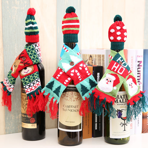 Santa Claus Reindeer & Christmas Tree Hat & Scarf Wine Bottle Cover