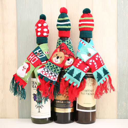 Santa Claus Reindeer & Christmas Tree Hat & Scarf Wine Bottle Cover